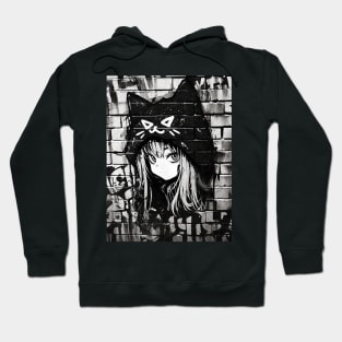 Kawaii Aesthetic Black And White Nekomimi Anime Cat Girl Graffiti Art Style Hoodie